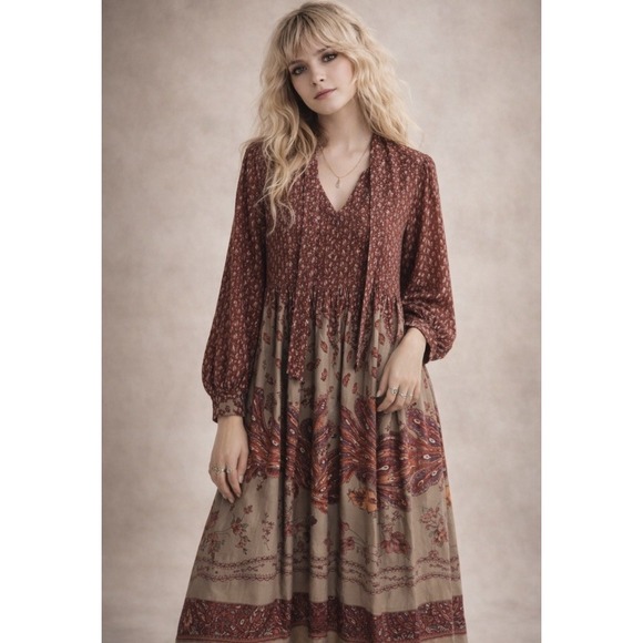 Top Act Dresses & Skirts - Vintage Top Act Y2K Boho Midi Dress Made USA Border Print Peasant Flower Child